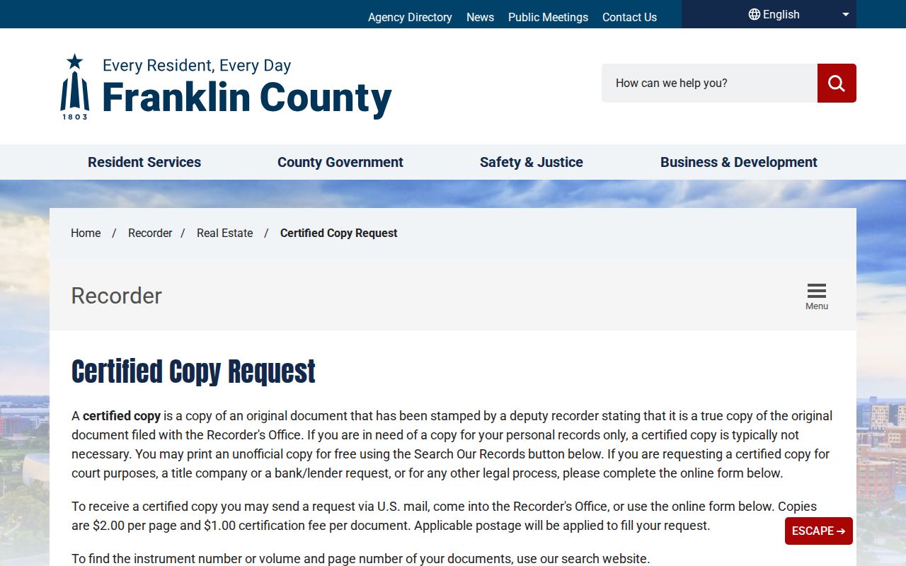 Whitehall previous residents Franklin County Recorder certified-copy request page